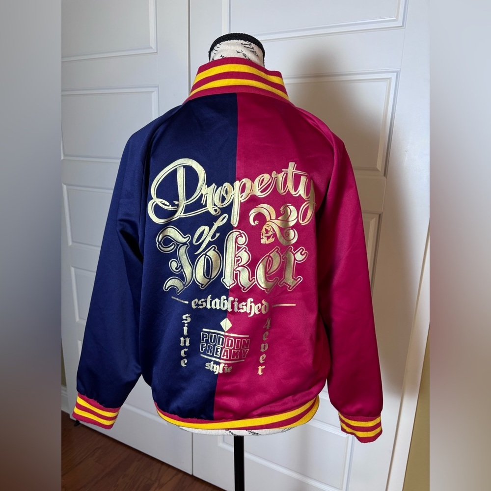 DC Comics Suicide Squad Harley Quinn Satin Bomber Jacket Red Blue Women XL